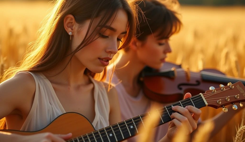 ((best quality)), ((masterpiece)), (detail), perfect face, close-up photo of a couple playing guitar in a in a barley field, shimmering and magical light, surreal photo, 8k, ultra high resolution, sharp face