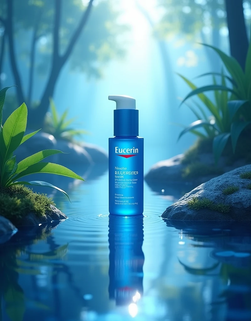 Eucerin brand blue serum in blue nature with a radiant light