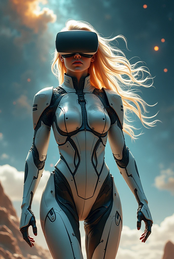 Beautiful tall woman in robotic armor with super realistic and well detailed blonde hair. VR helmet in hands. against the backdrop of a cosmic landscape 