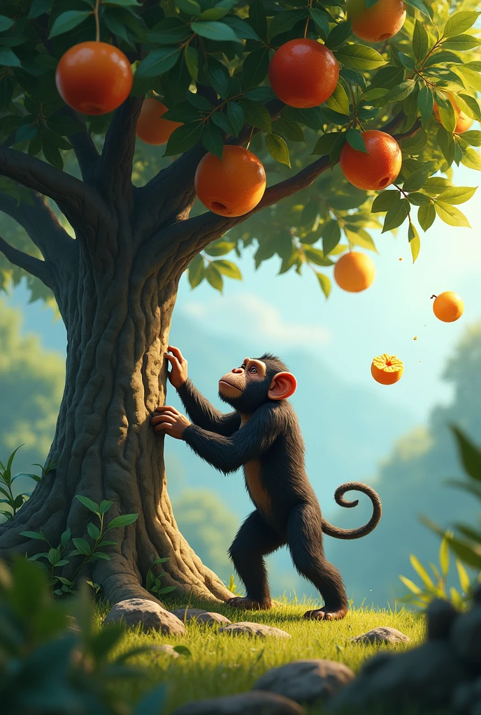 ape separates from its group, exploring a tree with fruits. While doing so, accidentally drops a rock that crushes a fruit, releasing its pulp.