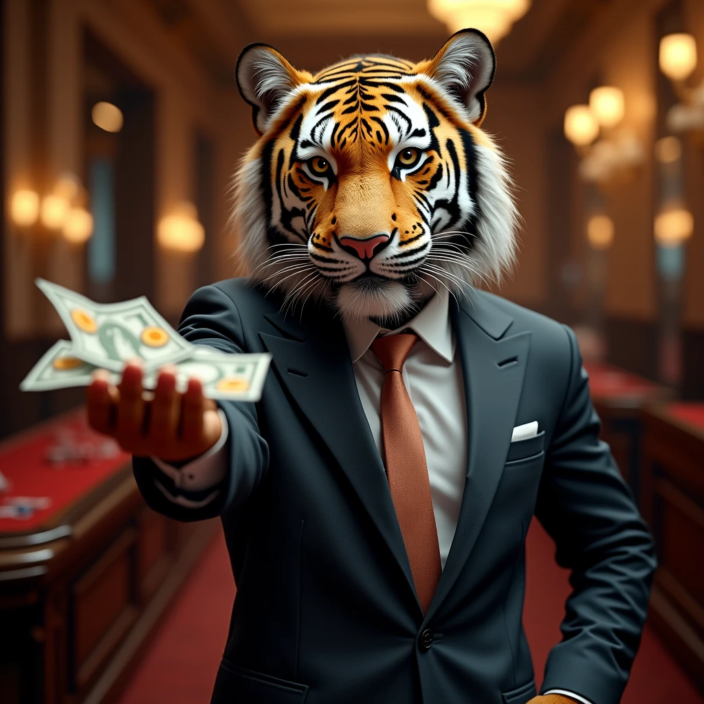 Create a tiger in a suit looking like a casino owner, offering casino tokens in one hand and $ in the other, The image must be on the front and bring it closer to the screen.