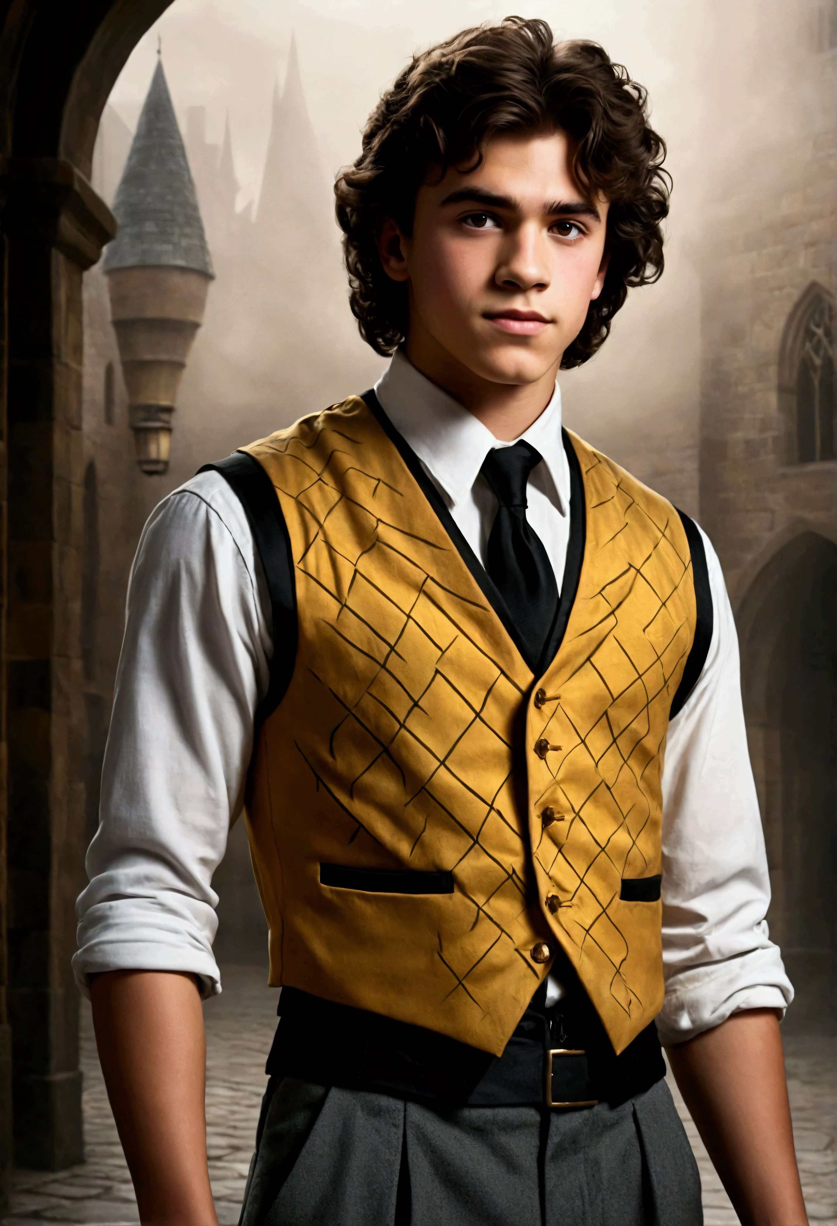 An illustrated movie poster, hand-drawn, full color, a teenage Hogwarts student, 18-years-old, male, wearing a golden vest and charcoal slacks, brown eyes, brown-black hair, voluminous curly mane, suntan complexion, medium height, broad shoulders, rugged scruffy appearance, lots of body hair, resembles Lou Ferrigno, standing in a foggy Hogwarts courtyard, hard shadows, graphite shading, stencil marks, airbrushed acrylic paint, masterpiece, in the style of the Deathly Hallows
