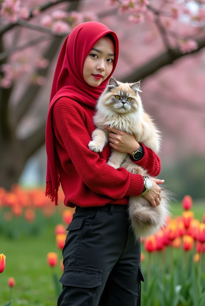 Beautiful white-skinned Korean woman, wearing a red hijab, wearing a red knit hoodie, black cargo pants, boots, holding a large Angora versia cat, wearing a watch, near a cherry tree, with a background of blooming tulips, green grass , tulips, original photos, studio