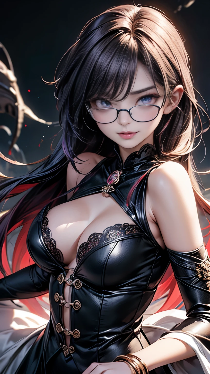 (Highest quality detail)、Realistic、8K Ultra HD、High resolution、(One Woman),(Fatal Beauty,Charm) ,(Glasses、Mysterious charm:1.1),(Big Breasts、Charmなシルエット),Very detailed、High quality textures、Intricate details、Extremely detailed CG、High quality shadows、Beautiful and delicate face、Beautiful and delicate eyes、Written boundary depth、Ray Tracing、20th Generation、Cute K-Pop Girls、(The Face of Ulzan in Korea)、Thin face、(Urzan-6500-v1.1:0.6)、PurerosFace_v1、Glowing Eyes、Perfect body、 Viewer Display、(Highest quality detail:1.2)、8K Ultra HD、Woman close up, Realistic rendering, Charm, Real Girls, Gurwitz, role play, Realistic 3D style, 8K Portrait Rendering,(truth,truth:1.4),(Sparkling eyes girl:1.2)、cheek、Glossy Lips、Best image quality, 8K Ultra HD Full Color RAW Photos, Fujifilm(Medium format), Hasselblad, Carl Zeiss, Incredible dynamic range photography(utility_art:Smooth-768:1.1),High resolution, High pixel count, Clear details, Clear images, natureな色再現, Noise Reduction, High fidelity, quality, Software Improvements, Upscaling, Optimized Algorithms, Professional-level retouching, 強力なスーパーevil femaleがクローズアップでポーズをとる, Black Goddess 、(Expose your shoulders), Flowing Purple Hair, View your viewers, Very detailed顔, Blue smoke swirling around her, Love evil things, Captivating blue eyes, Dark fantasy, Esoteric arachnids lady, Spider Queen, Esoteric arachnids, Combat Stance, Sharp Fangs, nature, ((Complex metallic colors in the foreground)), (( Fluid Mechanics, The most beautiful smooth scale face makeup, Smirking expression)) 、Dark blood, Onyxia、Beautiful young witch, Purple Hair, dark purple lips, evil, evil female, smile, Black Prom Dress, She is coming to you, Bright Blue Eyes, Surrounded by swirling pink smoke, Blood Chain, Behemoth Bones, Snake-like tentacles, Cruel Teeth, Expressions of madness, Oppressive Dungeon、 Grotesque shadows dance, The creature whispers, Stifling atmosphere, Vision problems, Visible Madness. blade, A flash of evil intent shines, reflect (Light) Beyond the Darkness,