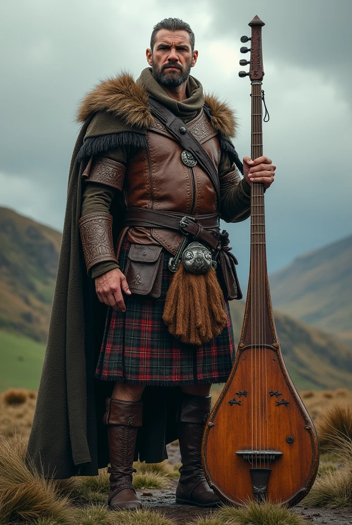4k wallpaper Scottish warrior with hurdy-gurdy and traditional costume
