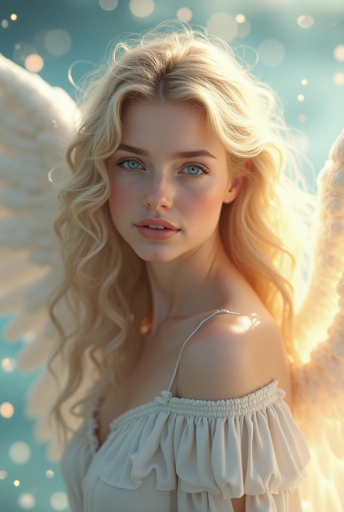 Create a very beautiful woman with an angel costume, blonde and with pink lips