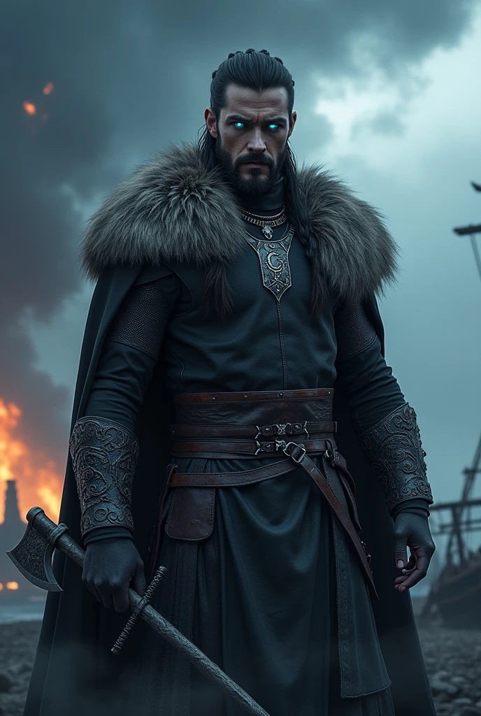 **Prompt**:
"A realistic dark fantasy portrait of Thorvik, the Sea Wolf, a human male in his mid-30s. He has handsome, rugged features similar to Ian Somerhalder, with piercing blue-white eyes that glow with supernatural intensity, like the Night King from Game of Thrones. His hair is dark, shoulder-length, and partially braided in a Viking style. He has a medium-length, well-groomed beard with small braids. Thorvik has an athletic and muscular build, standing confidently at approximately 6'1\" (185 cm). He is wearing dark leather armor with metal accents and a fur-trimmed cloak made from wolf pelts. He also has silver arm rings and a necklace with runic engravings. Thorvik is holding a decorated battle axe in one hand, and in the other, either a second axe or a shield. The background features a stormy Nordic coastline with longships visible in the distance, a dark and brooding sky with flashes of lightning, and swirling mist partially obscuring the lower part of the image. The village behind him is under Viking attack, with burning buildings, thick fog, and chaotic destruction. Emphasize the striking contrast between his human Viking appearance and his otherworldly eyes."