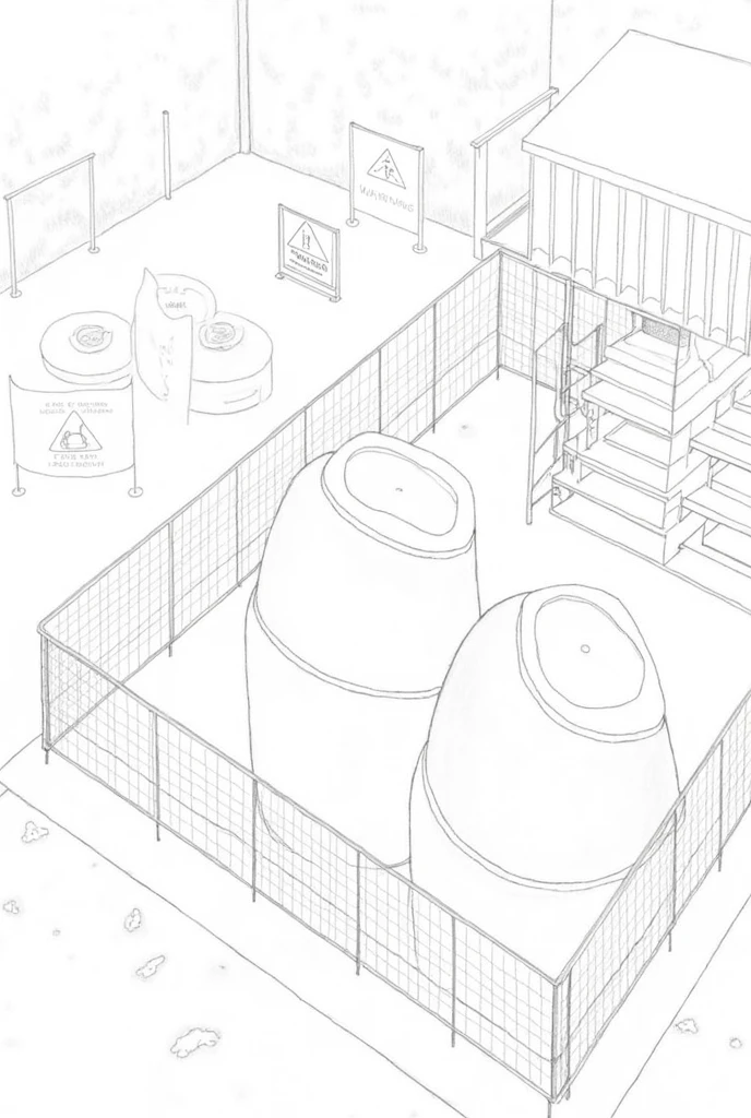 Drawn with a simple pencil, there is a roof covering the fence and a warning sign about chemicals. 1. **Start by drawing the basics of the storage area.**:
   - Draw a rectangle to show the total storage space..
   - Add a fence around the area by drawing horizontal and vertical lines to form a fence..

2. **Drawing of chemical tank**:
   - Draw the tank as a cylinder, you can draw small curves at the top and bottom of the cylinder to show the curves..
   - Arrange these tanks horizontally and vertically as shown in the sample image..

3. **Add structural details**:
   - Draw the roof or structure that covers part of the storage area..
   - Draw stairs and shelves for bins in the storage area..

4. **Put up a warning sign**:
   - Draw various warning signs as seen in the picture, such as signs "No Smoking" And signs "Flammable".
   - Use lines and rectangles as the basis of the sign..

5. **Draw protective gear**:
   - Draw a small cylindrical fire extinguisher and attach it to the fence wall..
   - Draw a leak prevention sheet under the chemical tank..

6. **Add other details**:
   - Draw the floor in straight and vertical lines to make it look like a concrete floor..
   - Add details to trees or background to make the image look more realistic..
