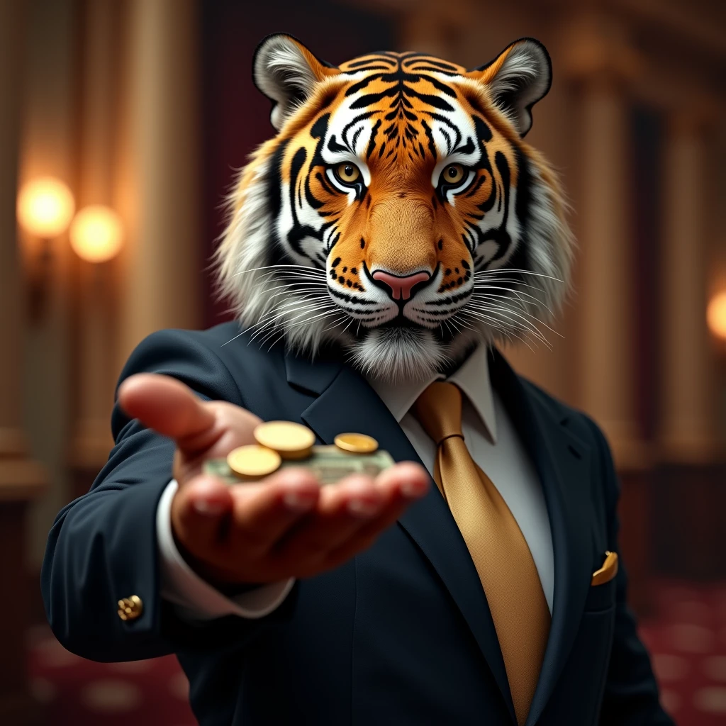 Create a tiger in a suit looking like a casino owner, offering casino tokens in one hand and $ in the other, The image must be on the front and bring it closer to the screen.