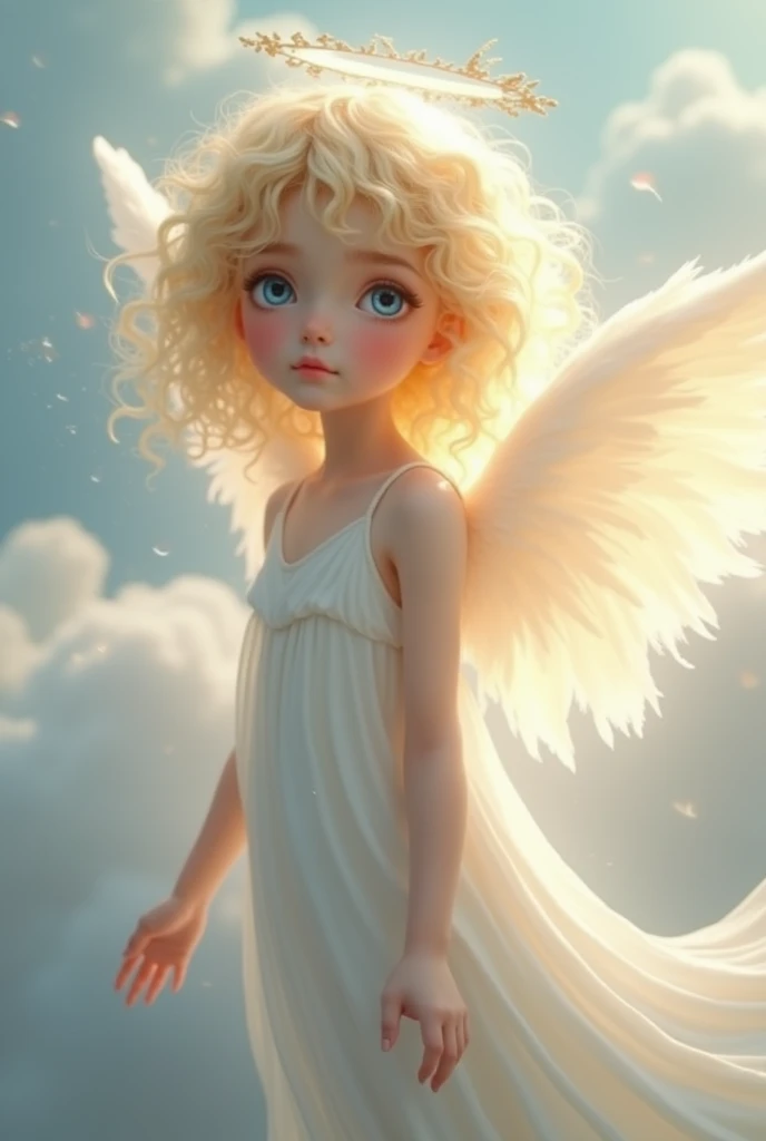 a angel, curly blonde hair, ice blue eyes, pale skin, short and skinny