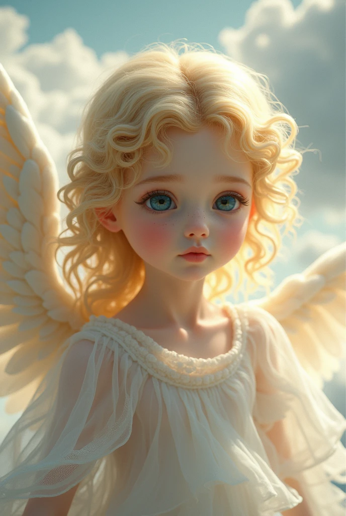a angel, curly blonde hair, ice blue eyes, pale skin, short and skinny