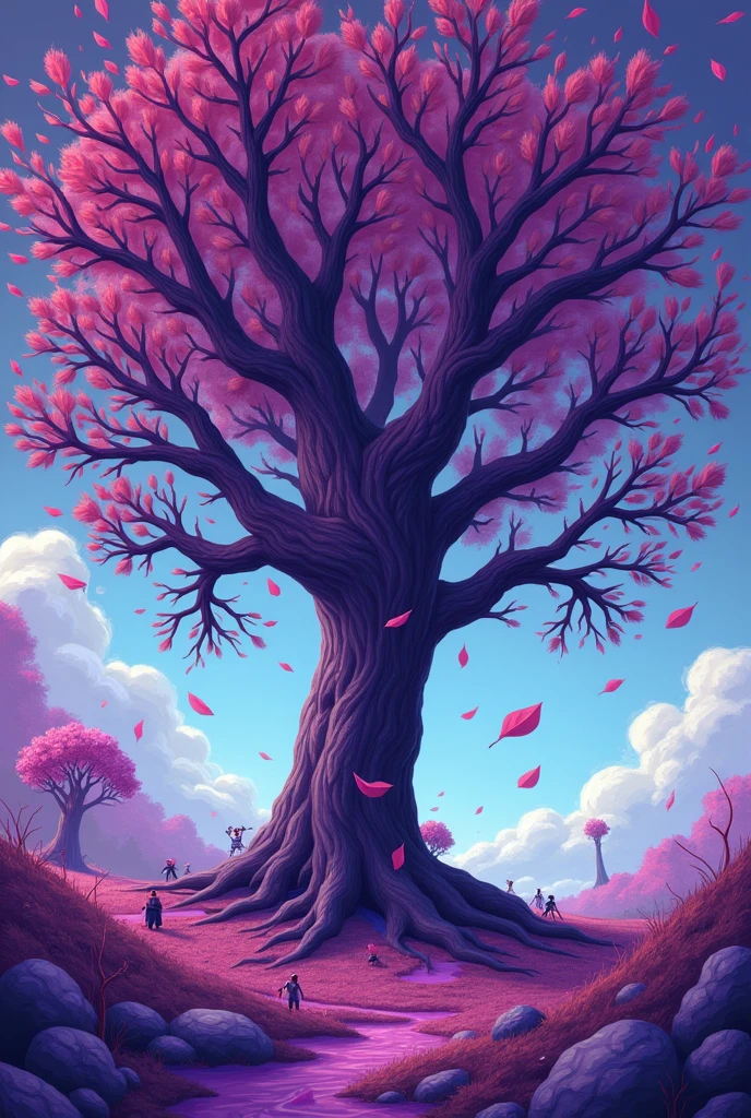 dead leaves that are blown away by the wind and seem to tremble on a tree, de branchs are made of human fingers, cartoon style, psychedelic colors with dominance of violet