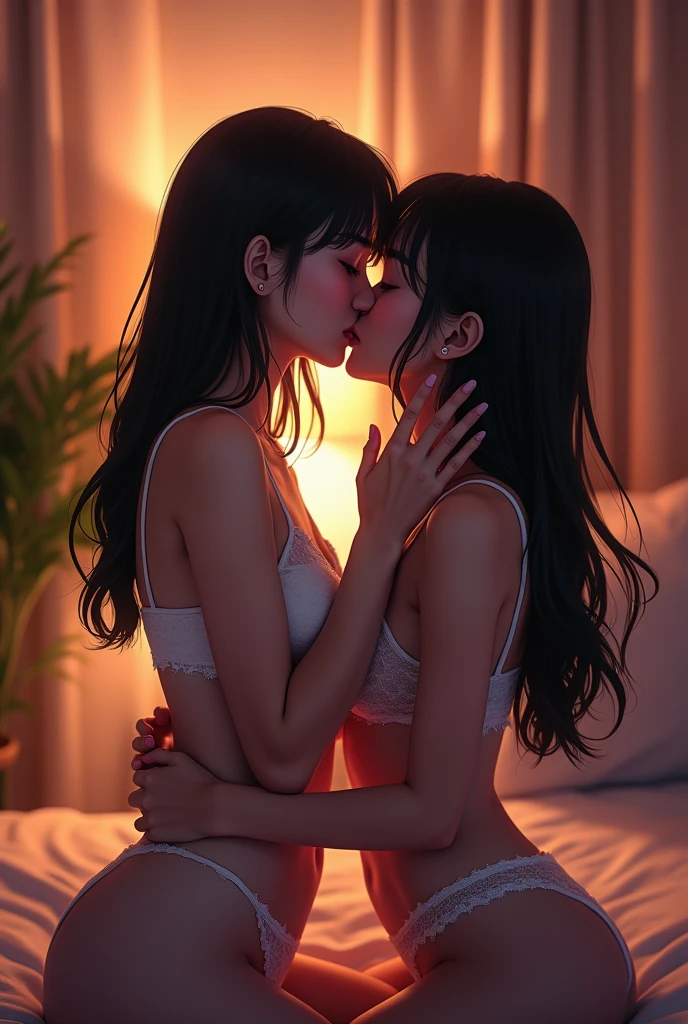 masterpiece,best quality,32k uhd,hdr,dtm,cinematic lighting effects,asian women 2 ((anime)),wearing white bra, in the room with boyfriend kiss