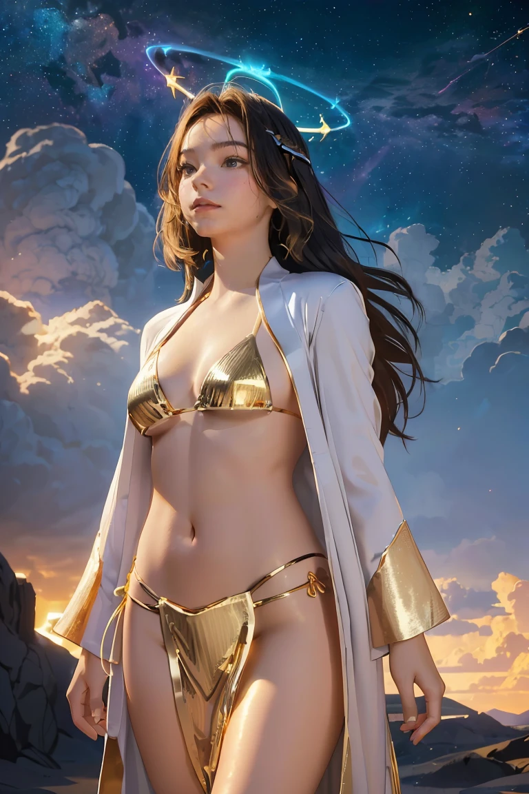 ((masterpiece, best quality, extremely detailed), volumetric lighting, ambient occlusion, colorful, glowing), 1girl, solo, young girl, (dark hair), long hair, halo, aura, sacred, goddess, cleric suit, (bikini with gold detailst:1.3), seethrough robe, outdoors, sunset, sky, clouds, space, (fantasy theme:1.2),