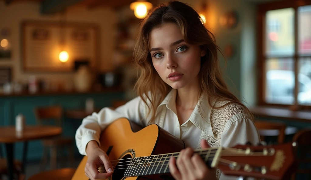 ((best quality)), ((masterpiece)), (detail), perfect face, panoramic photo of a young Russian woman playing guitar in a vintage coffee shop, woman with V-line face and blue eyes, clear face, clear guitar, Latin style surreal photo, 8k, ultra high resolution, sharp face