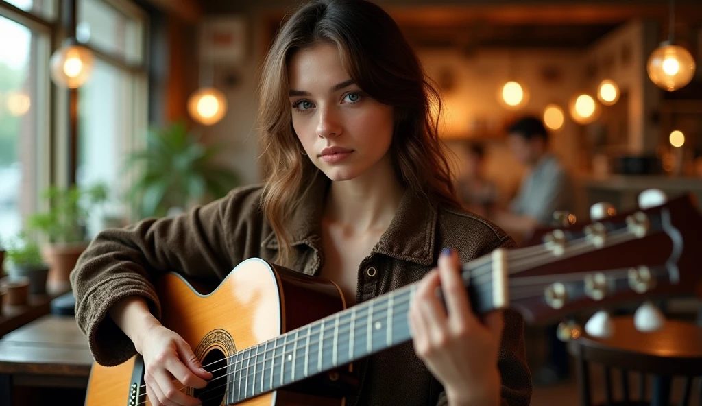 ((best quality)), ((masterpiece)), (detail), perfect face, panoramic photo of a young Russian woman playing guitar in a vintage coffee shop, woman with V-line face and blue eyes, clear face, clear guitar, Latin style surreal photo, 8k, ultra high resolution, sharp face