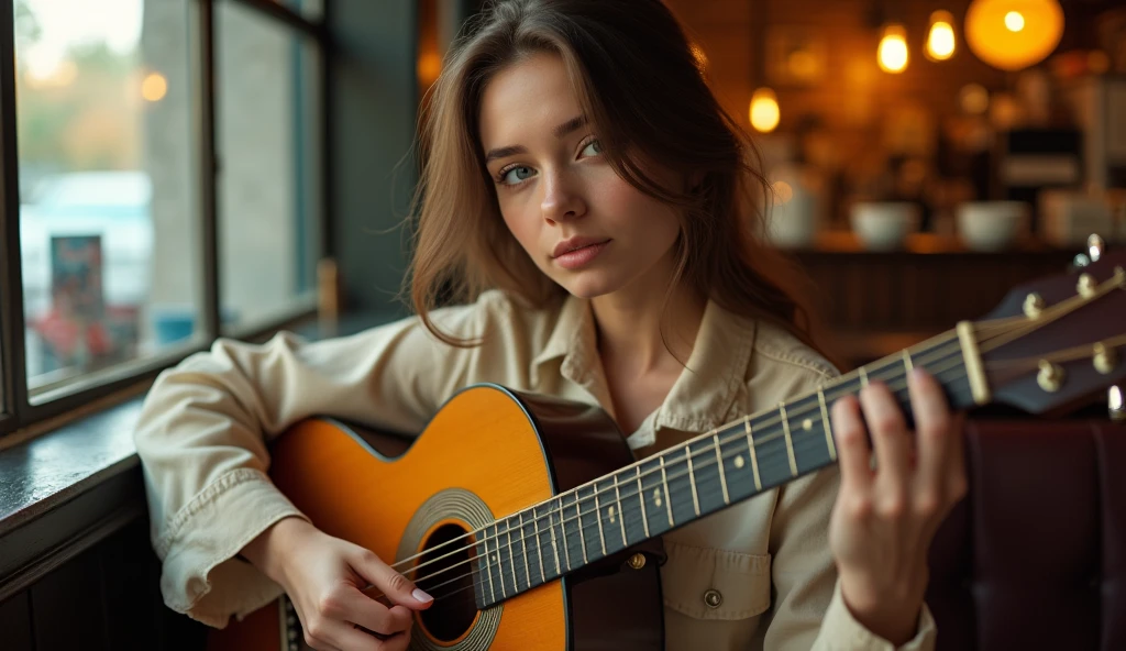 ((best quality)), ((masterpiece)), (detail), perfect face, panoramic photo of a young Russian woman playing guitar in a vintage coffee shop, woman with V-line face and blue eyes, clear face, clear guitar, Latin style surreal photo, 8k, ultra high resolution, sharp face