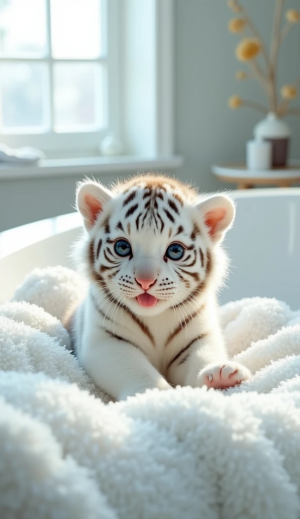 A fat, white and cute little tiger baby, Very fat，Big eyes, Cute and cuddly，Fluffy, Delicate and exquisite, Real little tiger，The expression is very cute and sticking out tongue is very cute，,Cute and lovable，Strike a sexy pose,Pure white high-end bathroom background，