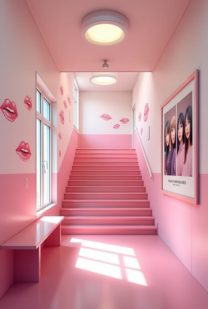 (photorealism:1.2)
Looking up a pink school staircase in a pink and white classic school From the pink classic school hallway,
Along the hallway there are some There's a long pink bench along the hallway, there are many drawings of 💋 can be seen on the walls, there's a poster on the wall of 4 16-year-old very pretty girls faces,
high resolution, masterpiece, best quality, intricate details, highly detailed, Hiperrealistic