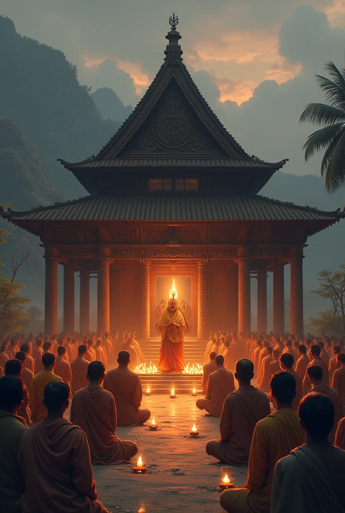 **Scenes of Worship:**
- Villagers worshiping in front of the house.
Several people recite mantras together and light lamps.
The atmosphere is peaceful and religious.