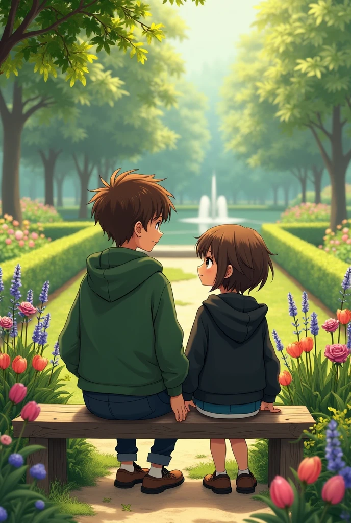 Brown haired boy with blue eyes, tall and 2, green hoodie on. Short Brown hair, girl with brown eyes, small, balck hoodie on. Sit on a bench in a beautifull garden.