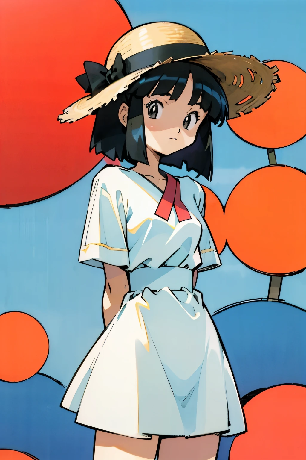 by Ken Sugimori, sugimori 1990s, ((only 1woman)), sun hat, summer dress, ((hands behind their back)), full black pupils, manga, best quality, highly detailed, clean lines, cowboy shot, good hands, good eyes, hd, 8k, professional, symmetrical, hires, 8k,