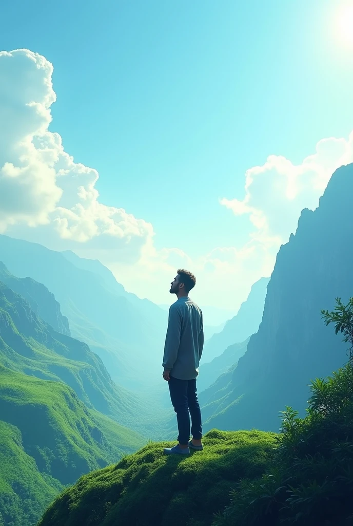 A man standing on the mountains full of greenary
seeing the sky