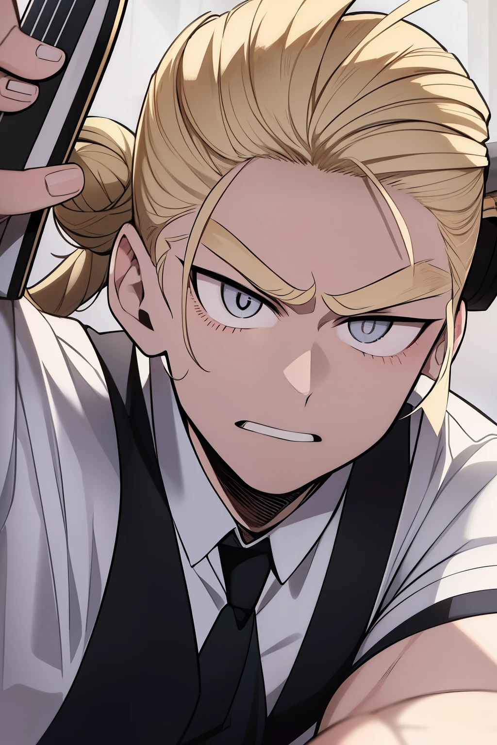 Anime man with blond hair pulled into a messy man-bun, grey eyes, pale skin, and a serious look on his face, holding up a ukulele, my hero academia 