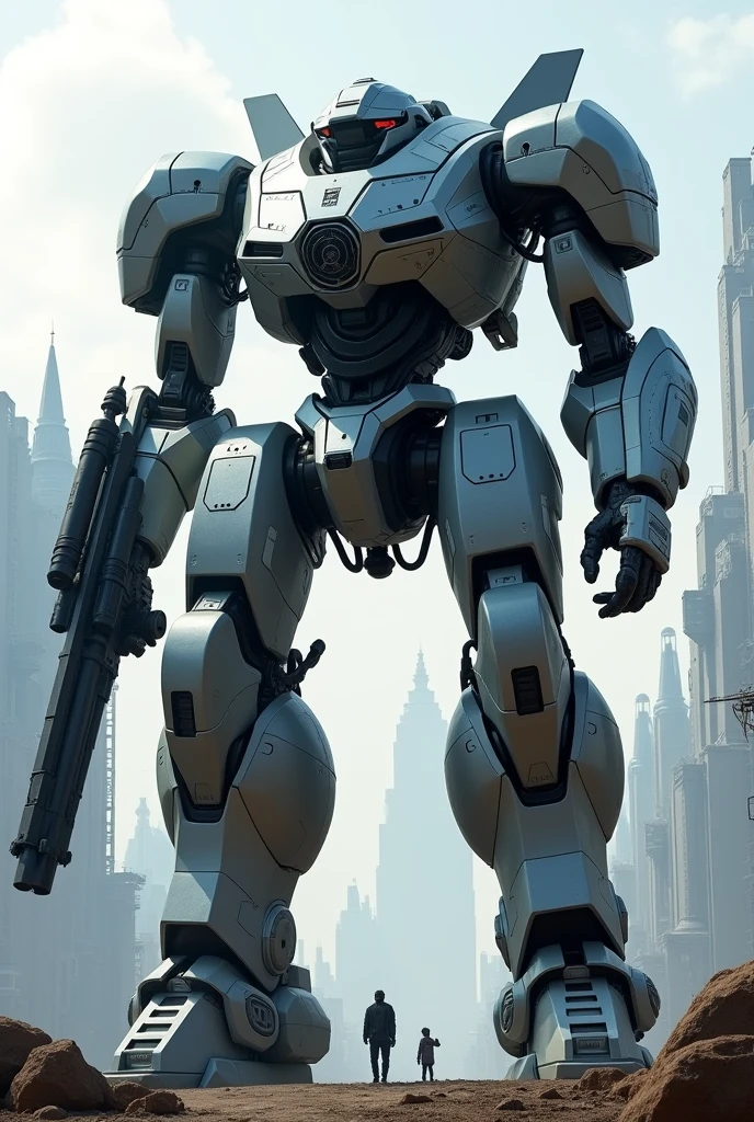 A futuristic robot with sheilded body and its also a giant and army robot from the country macedonia with guns