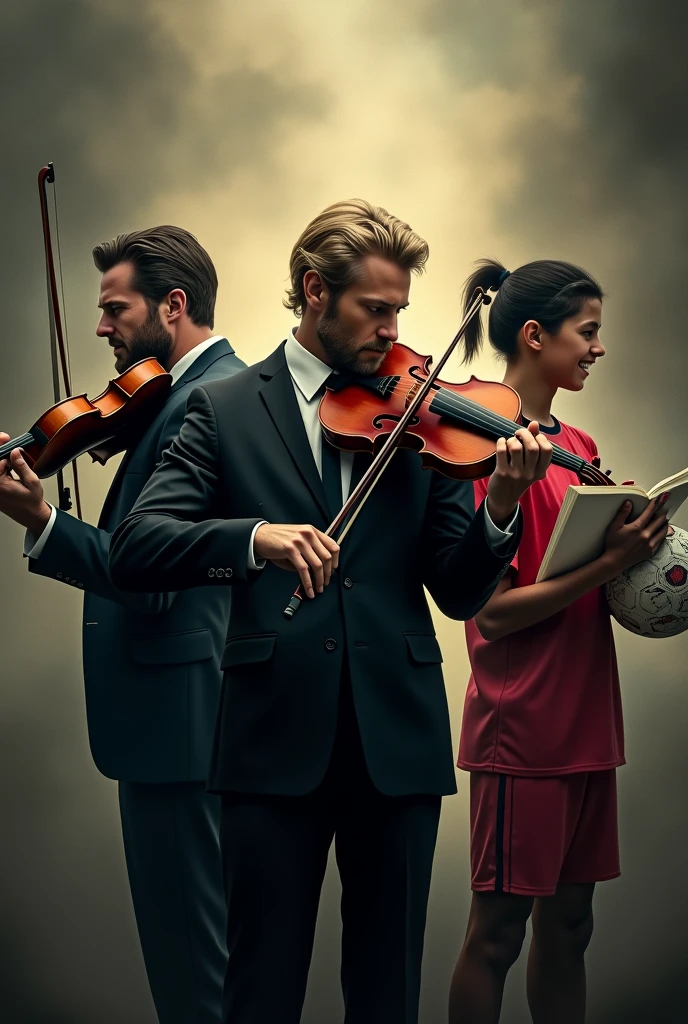 I need you to create an image of three men. The first of them, He is a 35 year old man, black suit dress, blond and very handsome, He is also playing a violin. The second man is a tormented writer with black hair and a messy beard., He carries a notebook with him, which he holds tightly. The third is a 17-year-old teenager, She has long hair and holds a ball with great joy and excitement..
