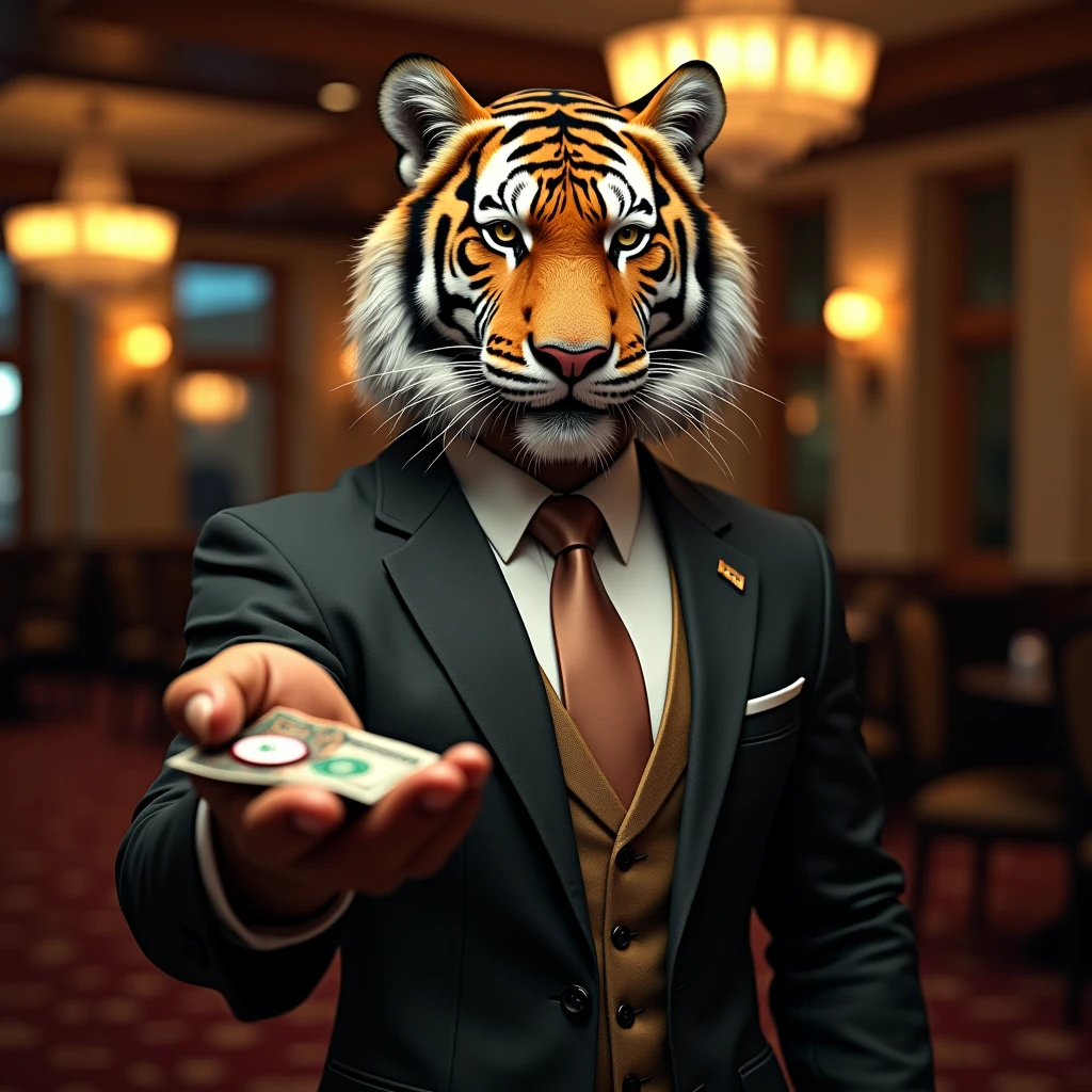 Create a tiger in a suit looking like a casino owner, offering casino tokens in one hand and $ in the other, The image must be on the front and bring it closer to the screen.