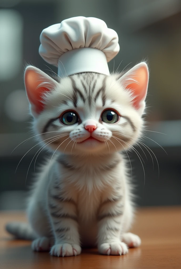 The white and grey kitten, dressed in a tiny chef’s hat eyes fill with tears as the chef’s harsh words ring in his ears. Unable to hold back his emotions, the kitten starts to cry, his  trembling with sobs. The scene highlights the kitten’s heartbreak and the cold indifference of the busy kitchen around him.