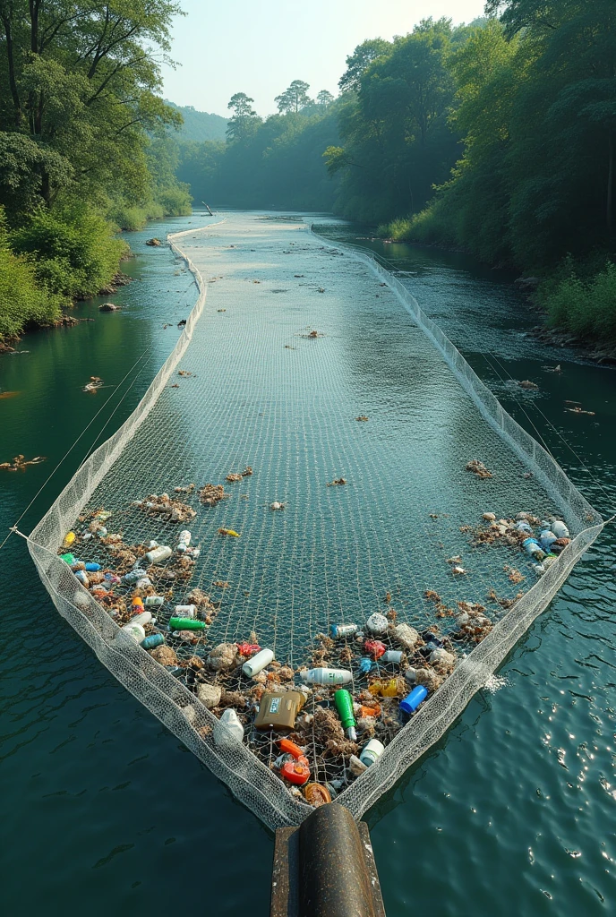 Make me a design of a net made of plastic in a river collecting garbage so that the net is from side to side of the river