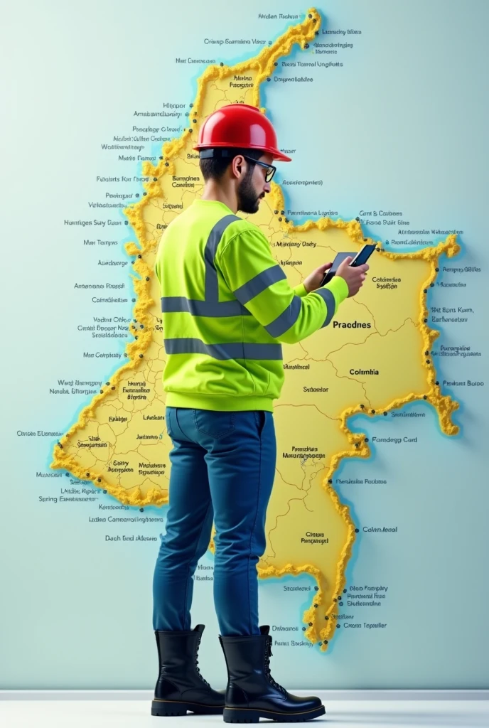 man wearing fluorescent green long sleeved sweater, with grey reflective on the sweater, black safety boots, blue pants, red helmet, safety glasses and holding a phone, on a map of Colombia, looking for the coordinates of a point of sale