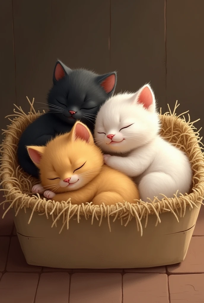 a box。There are hay rags piled in the box，There are three chubby kittens sleeping on it，The kitten squints his eyes，Wrinkled black tip of nose，Looks very cute。These three kittens are one yellow, one black and one white.，Looks very similar，But the coat color is very different