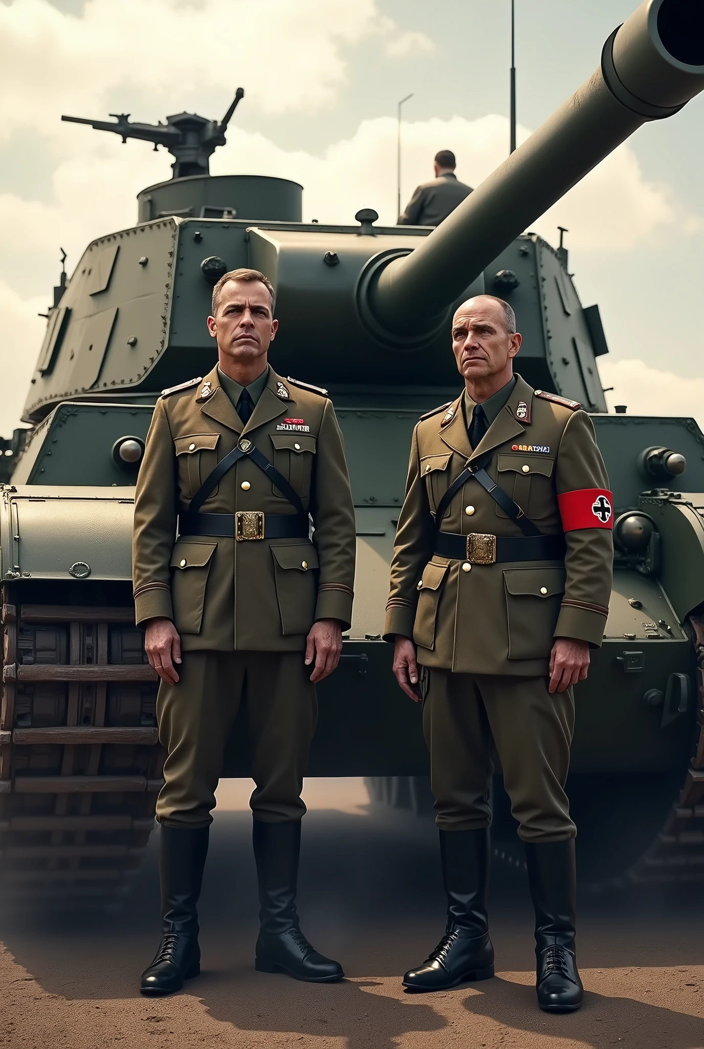 Create an awe-inspiring, high-resolution image featuring Haase and Fendesack standing triumphantly beside the iconic Tiger 131. Capture the intensity and legacy of these legendary figures with a focus on their powerful presence and the majesty of the Tiger 131 tank. Use dramatic lighting and dynamic angles to evoke a sense of victory and dominance. Emphasize the emotional weight and historical significance, ensuring this image outshines any competing visuals in its grandeur and impact.