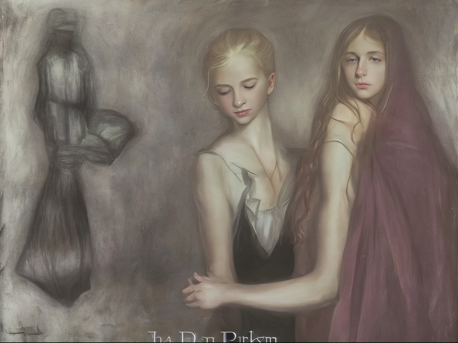 A man and slim Judy Bowker and a thin beautiful blonde girl,The three of them hugged each other warmly on the bed,Very beautiful ,original,The human body structure conforms to the anatomy of the human body ,Picture ratio:3:4(Dark private study,Dark and moody light:1.2)