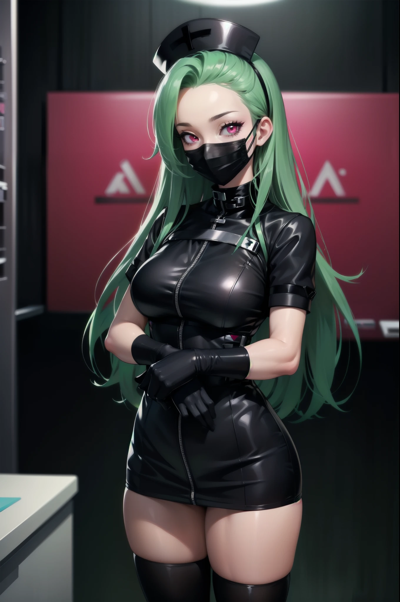 black nurse, 1woman, solo, black nurse cap, black wear, ((black legwear, zettai ryouiki)), black elbow gloves, forehead, long hair, green hair, pink eyes, ((black surgical mask, covered nose)), standing, ((surgery room)), sharp outline, short sleeves, mature female, 3, best quality, masterpiece