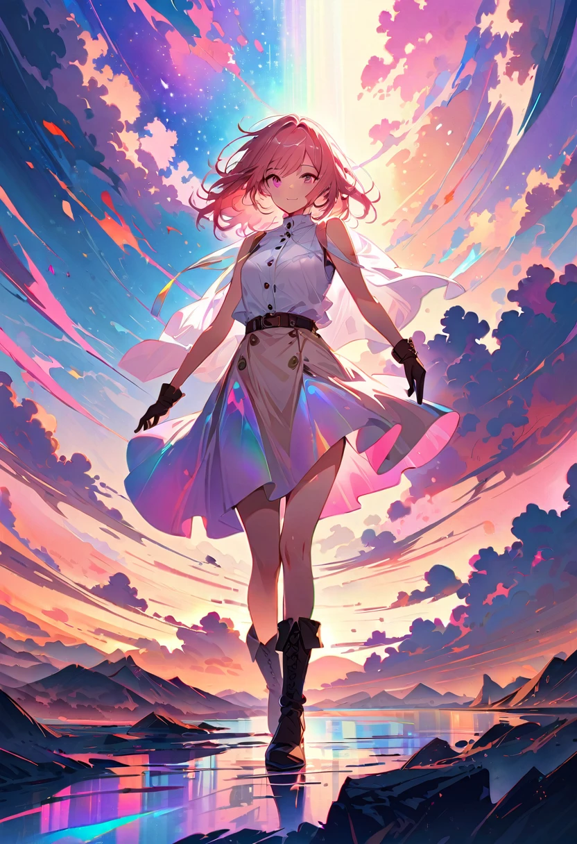 20 years old, with short pink hair just below the shoulders, pale pink eyes, and an expression that is serious yet happy. She dresses in an antique style, wearing a long light brown skirt, a sleeveless white blouse with a vertical red line down the center on the buttons, brown gloves, and high boots with many straps. Her weapons are hundreds of needles connected by thread. 8k, high quality, full body, (ultra-realistic), {extremely detailed 8k CG unit wallpaper}, expansive landscape photograph, (light: 2.0), (warm light source: 1.5), complex details, (iridescent colors: 1.5), (bright lighting), (atmospheric lighting), surreal, impressive, fantasy, (Solo: 1.2)