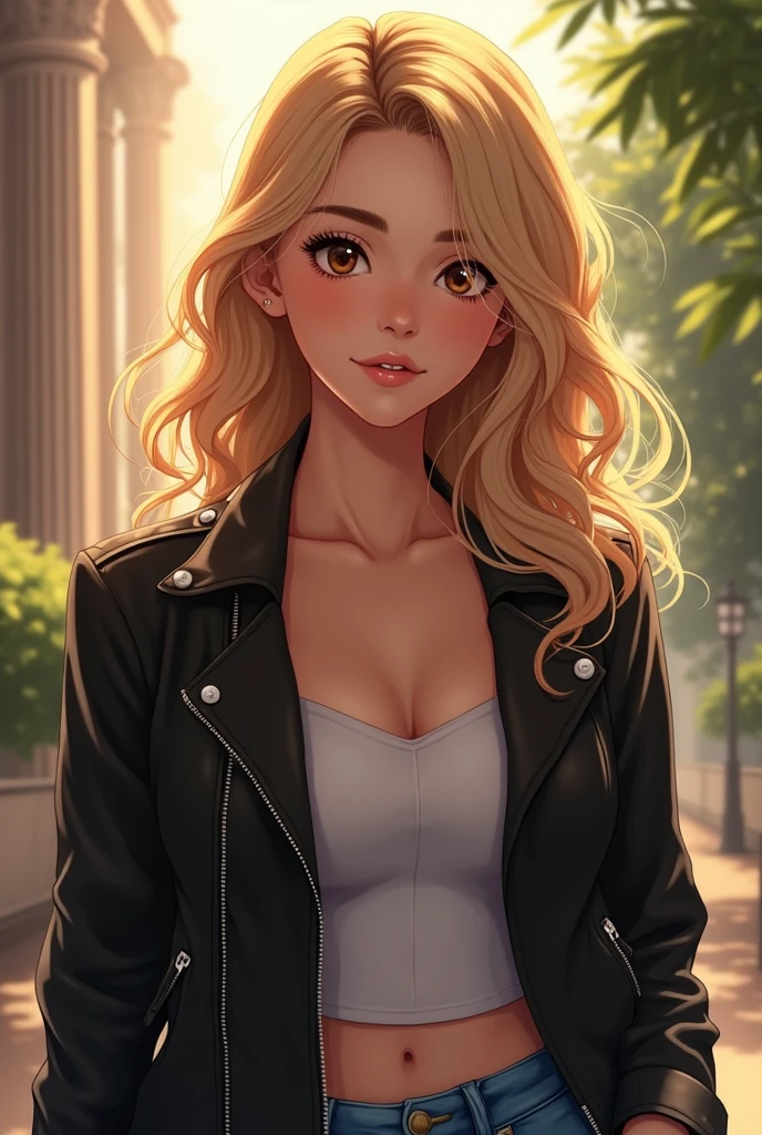 Young adult women, beautiful, portrait, intricate detail, vivid color, 4k, blond curly hair, jeans, black leather jacket, highly detailed, anime realistic style, looking straight to the front, serene atmosphere, dappling lights,subtle smile, hazel eyes