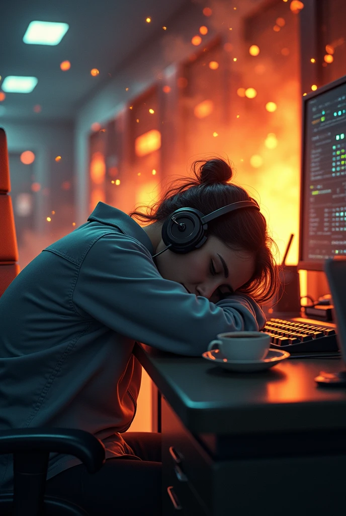 Tech support person sleeping at his desk while servers burn behind him 