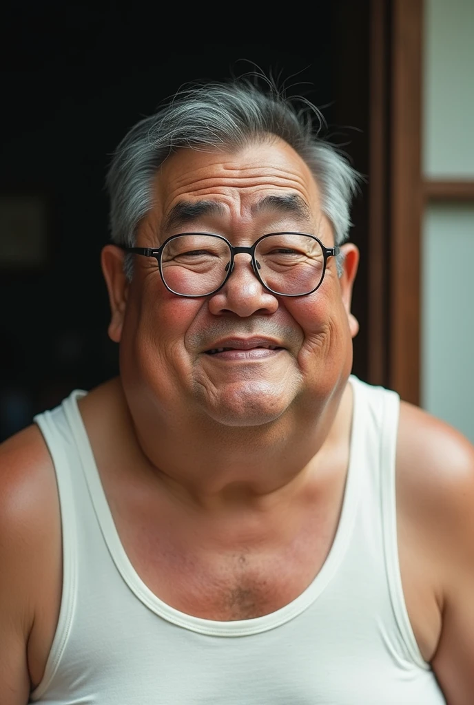 Old man, fat, glasses, Japanese, white tank top, 50s, young, black hair