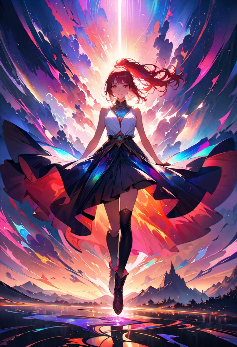 20 years old, long red hair, wears a ponytail, red eyes, always smiling. She dresses in an antique style, wearing a short brown skirt with black shorts underneath, ending above the knees. She wears knee-high brown boots. Her white blouse is sleeveless and features red details. She possesses fire powers and has a fire-themed background. 8k, high quality, full body, (ultra-realistic), {extremely detailed 8k CG unit wallpaper}, expansive landscape photograph, , (light: 2.0), (warm light source: 1.5), complex details, (iridescent colors: 1.5), (bright lighting), (atmospheric lighting), surreal, impressive, fantasy, (Solo: 1.2)