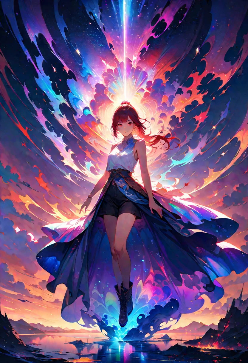 20 years old, long red hair, wears a ponytail, red eyes, always smiling. She dresses in an antique style, wearing a short brown skirt with black shorts underneath, ending above the knees. She wears knee-high brown boots. Her white blouse is sleeveless and features red details. She possesses fire powers and has a fire-themed background. 8k, high quality, full body, (ultra-realistic), {extremely detailed 8k CG unit wallpaper}, expansive landscape photograph, , (light: 2.0), (warm light source: 1.5), complex details, (iridescent colors: 1.5), (bright lighting), (atmospheric lighting), surreal, impressive, fantasy, (Solo: 1.2)