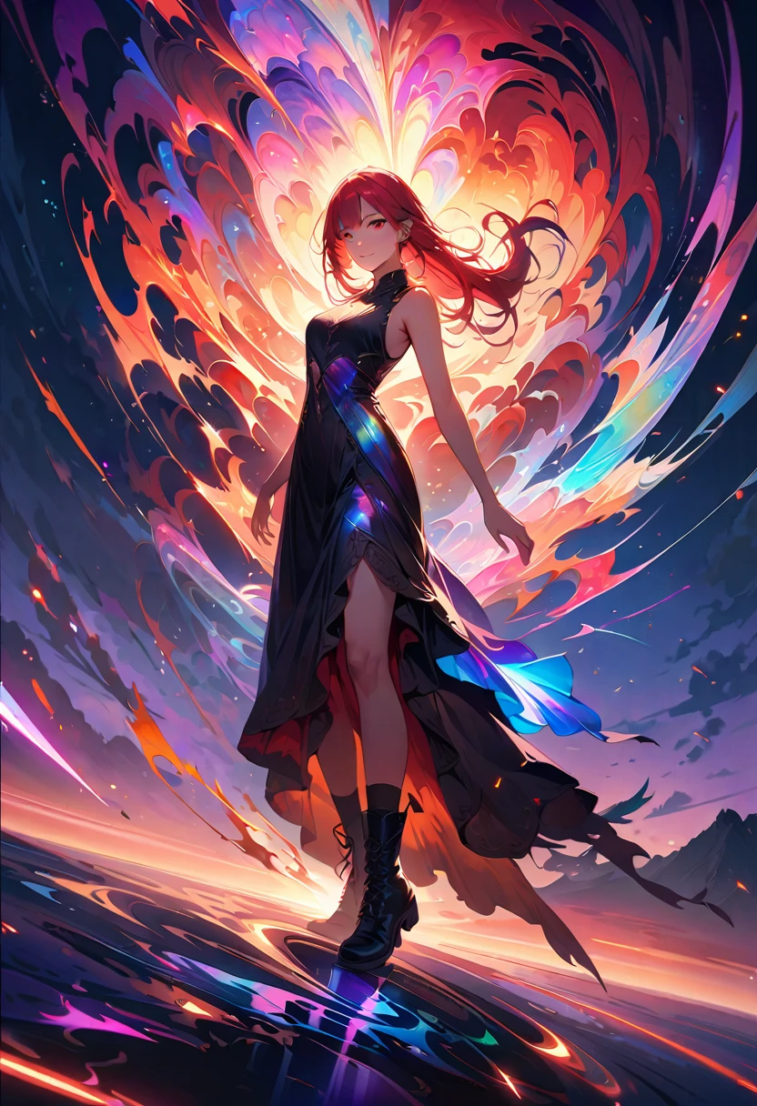 20 years old, long red hair, wears a ponytail, red eyes, always smiling. She dresses in an antique style, wearing a short brown skirt with black shorts underneath, ending above the knees. She wears knee-high brown boots. Her white blouse is sleeveless and features red details. She possesses fire powers and has a fire-themed background. 8k, high quality, full body, (ultra-realistic), {extremely detailed 8k CG unit wallpaper}, expansive landscape photograph, , (light: 2.0), (warm light source: 1.5), complex details, (iridescent colors: 1.5), (bright lighting), (atmospheric lighting), surreal, impressive, fantasy, (Solo: 1.2)