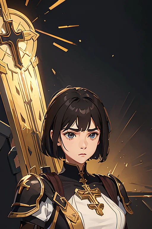 young girl, first clear,  short hair up to the shoulders,wearing heavy black armor with a cross on his chest, eyes browns, clerega , divine light of heaven