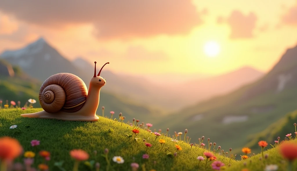 Description: "A little snail, nico, is on top of a green hill, looking out over a vast valley in the distance. Your look is one of admiration and dream, with the sun rising in the background, illuminating the colorful flower field and distant mountains. The atmosphere is calm and serene, with fallen leaves and plants around. A cena capta a expressão de determinação e esperança de nico. O estilo 3D da Disney Pixar destaca a textura brilhante e detalhada da casca de nico e a suavidade da luz do amanhecer."