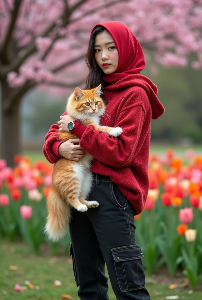 Beautiful white-skinned Korean woman, wearing a red hijab, wearing a red knit hoodie, black cargo pants, boots, holding a large Angora versia cat, wearing a watch, near a cherry tree, with a background of blooming tulips, green grass , tulips, original photos, studio