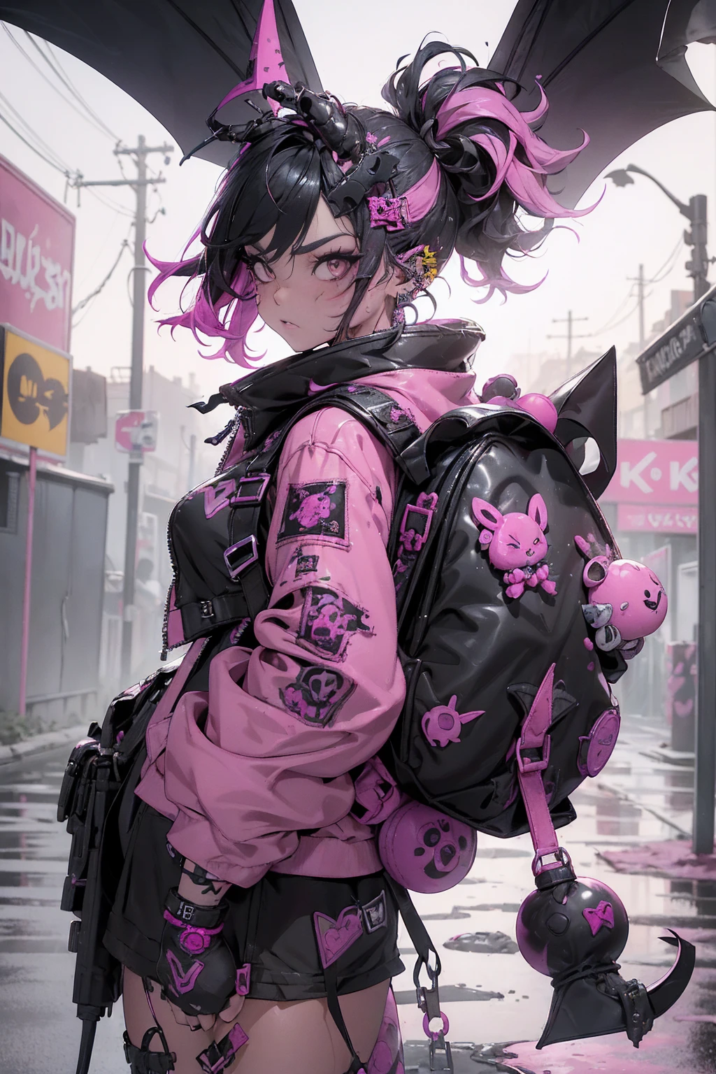 (Highest quality、8k、32K、masterpiece、Hmph:1.3)、(Photorealistic:1.4),(Shoot from the front,View your viewers:1.5)、((18-year-old punk girl,Unusual punk hair:1.3)),((Pink and black punk fashion:1.5)),(Stuffed rabbit:1.5)Studded clothing、((With a bloody bat in his right hand:1.5))、((Black backpack on the back))、(Bright black and pink hair:1.5),Wacky makeup、、Dark Background、A desolate town soaked in rain、Black garbage bags scattered around,Puddles on the road、(Cinema Lighting)、Written boundary depth,Blurred Background、Inner Color、Curly hair、Glamorous Body,Stylish clothes,Backlight,Shiny Hair,Dynamic Pose,