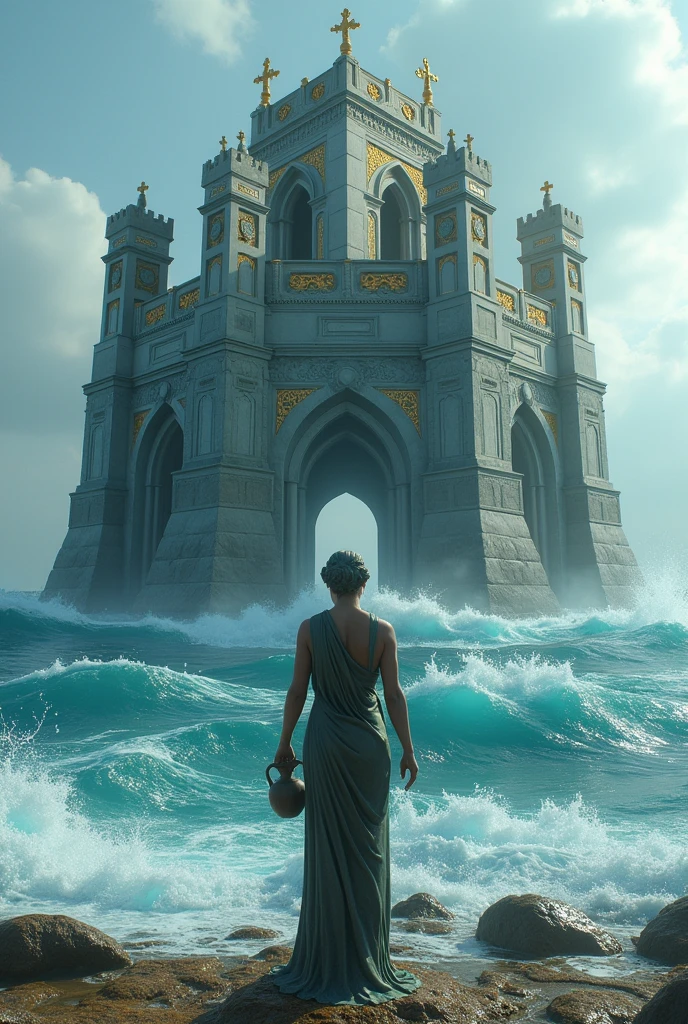 Make me an ultra realistic image. Make a castle from ancient Valyra built of bluestone with gold details emerging from the sea. There is a statue of an ancient Greek woman facing the castle. the statue is holding a jug and water is falling from the jug.